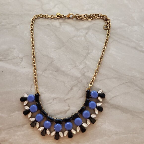 💙 J.Crew Blue Black Rhinestones Crystals Iridescent Cluster Statement Necklace - Picture 1 of 15